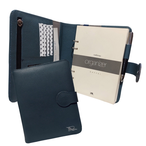 Caderno Organizer Couro Raffai - Azul Jeans